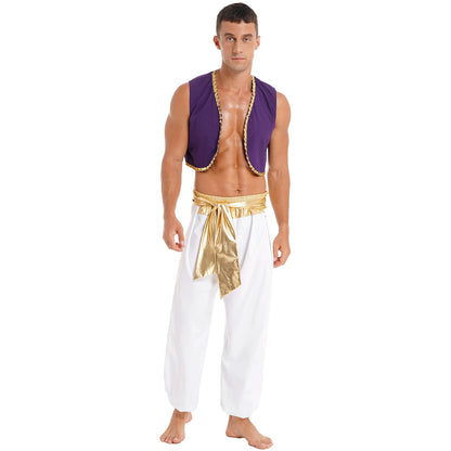 Men's Arabian Prince Mythical Aladdin Sequin Trim Waistcoat Belted Pants Costume - alternate view 2