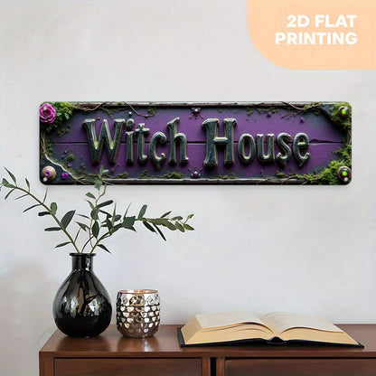 Witch House Purple Mossy Fantasy Tin Sign, Gothic Halloween Metal Wall Decor for Home, Witchcraft Room, Spooky Rustic Iron Plaqu