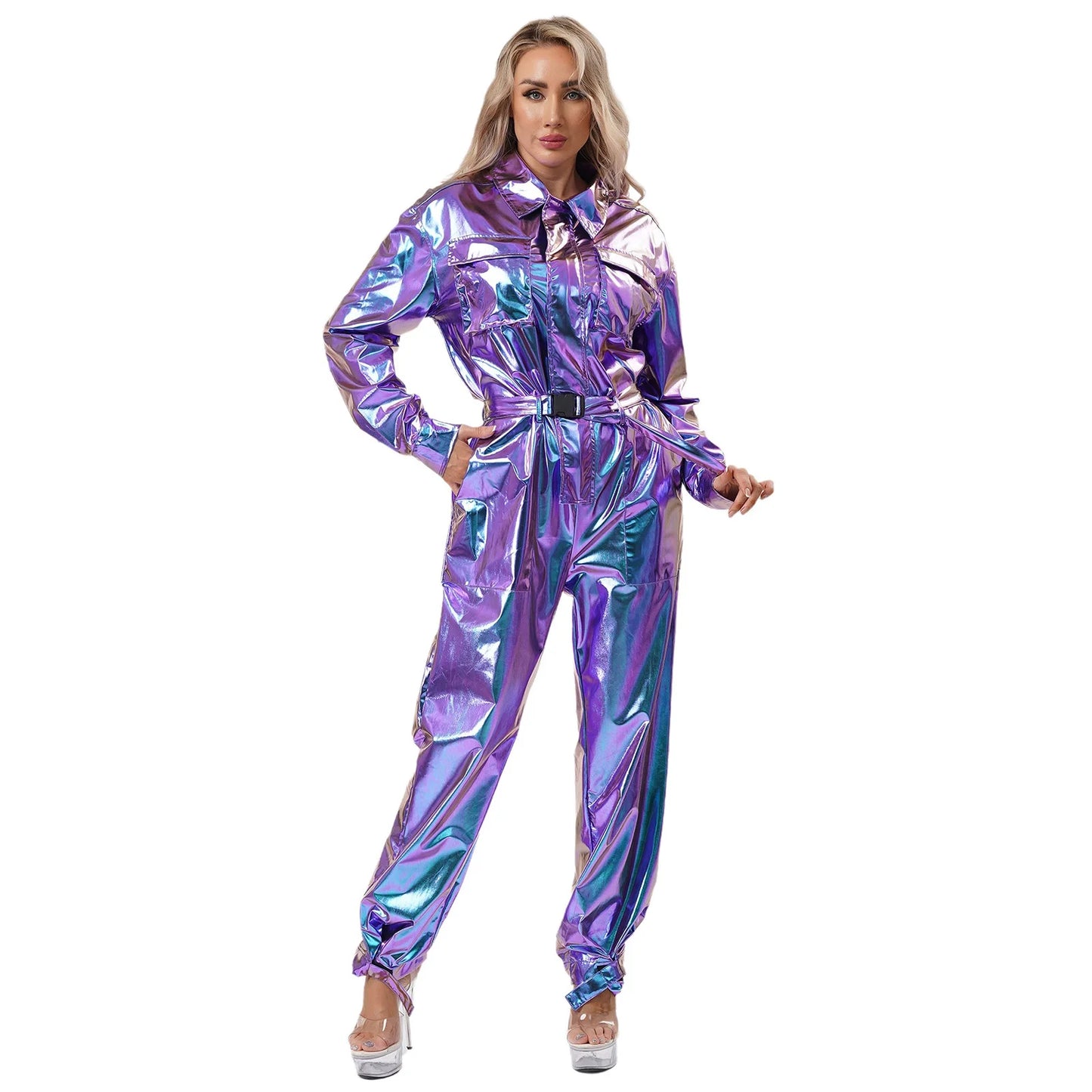 Women's Halloween Disco Astronaut Costume Holographic Shiny Metallic Overalls Bodysuit - Silver / M