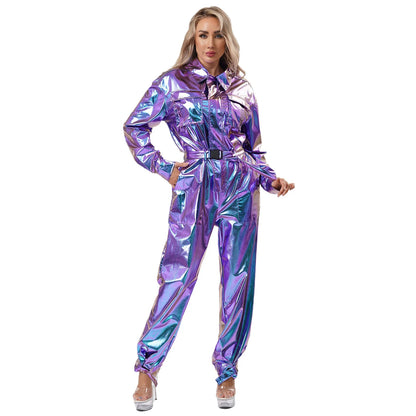 Women's Halloween Disco Astronaut Costume Holographic Shiny Metallic Overalls Bodysuit - Silver / M