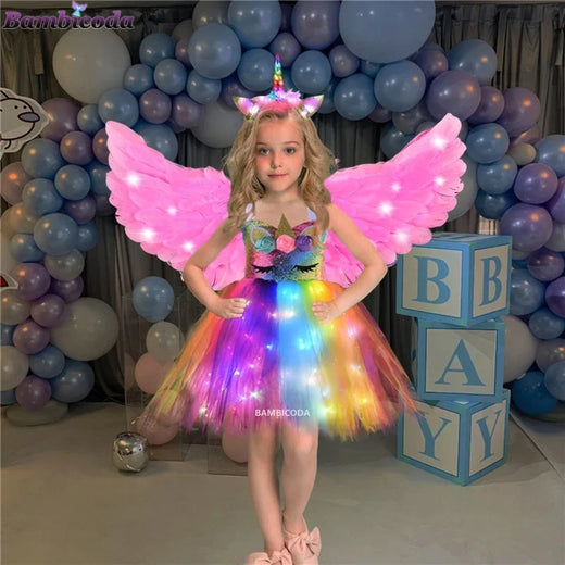 Girls Shiny Unicorn Tutu Led Lighting Dress Glowing Dresses Princess Dress Clothing