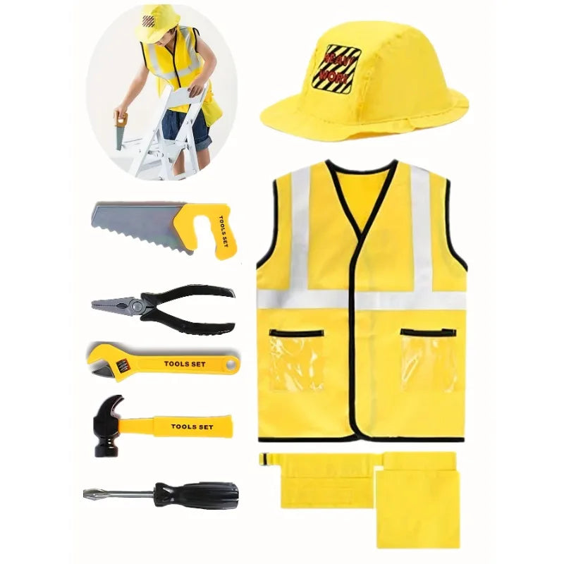 Toddler Construction Worker Vest Costume, Worker 5 Piece Playset, Yellow Reflective Vest With