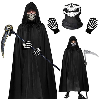 Scary Halloween Grim Reaper Costume Set Scythe Hooded Cape Skull Face Mask Gloves for Kids - Weapon 1set 1