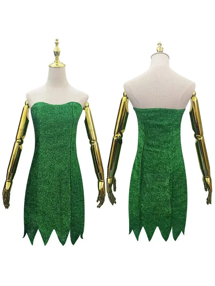 Anime Pixie Fairy Cosplay Costume Tinker Bell Green adult Dress Tinkerbell Halloween Party Sexy Cosplay Mini Dresses With Wig