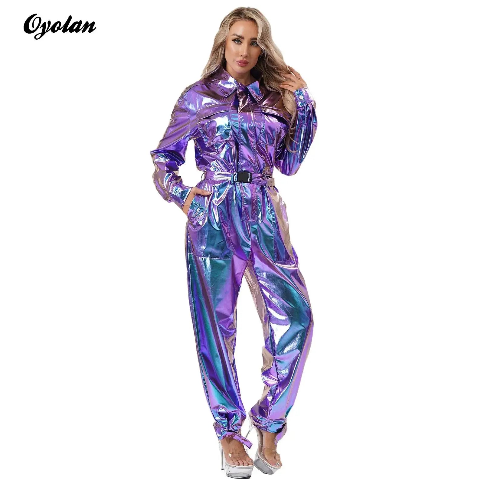 Women's Halloween Disco Astronaut Costume Holographic Shiny Metallic Overalls Bodysuit