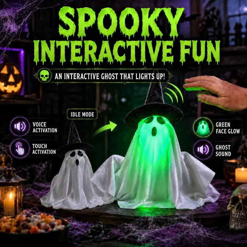 Rising Halloween Ghost Decor With Witch Hat, Glowing Green Face With Spooky Sound Effect, Tabletop Haunted