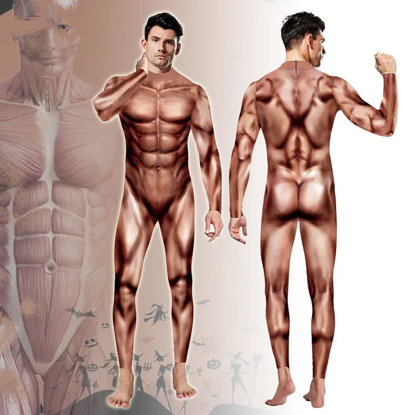 Halloween Hot Muscle Print Costume Men Suit Dress Up Sexy Fitness Catsuit Zentai Suit - A / XXL