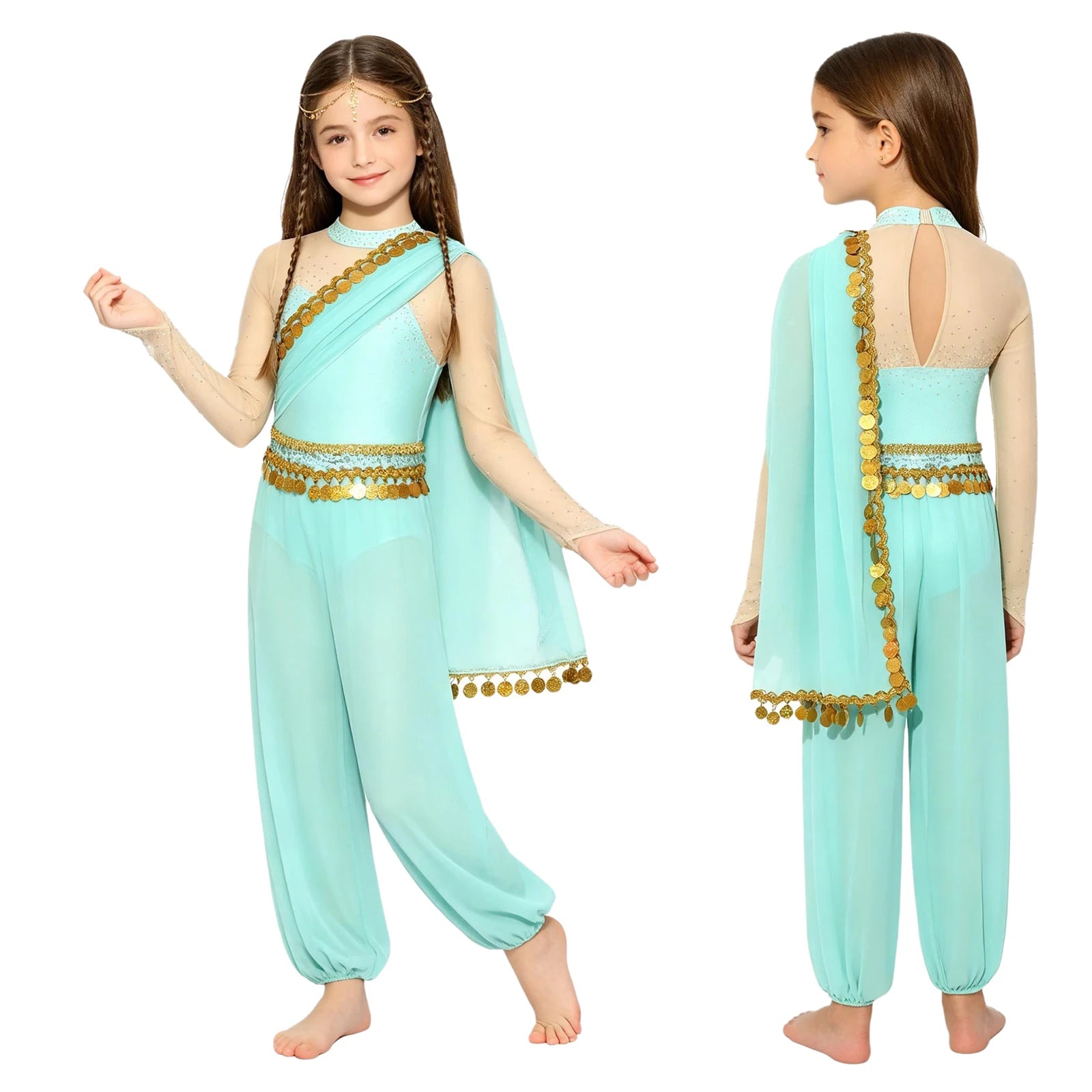 Girls Arabian Princess Belly Dance Outfits Halloween Cosplay Costume Sequins Tassels Rhinestone Jumpsuit Long - product image