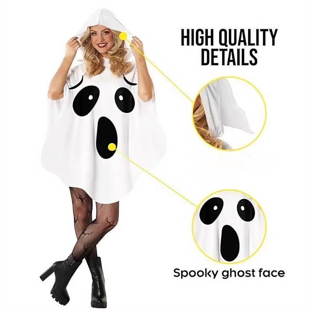 Ghost Poncho Costume – White or Orange Halloween Hooded Cloak