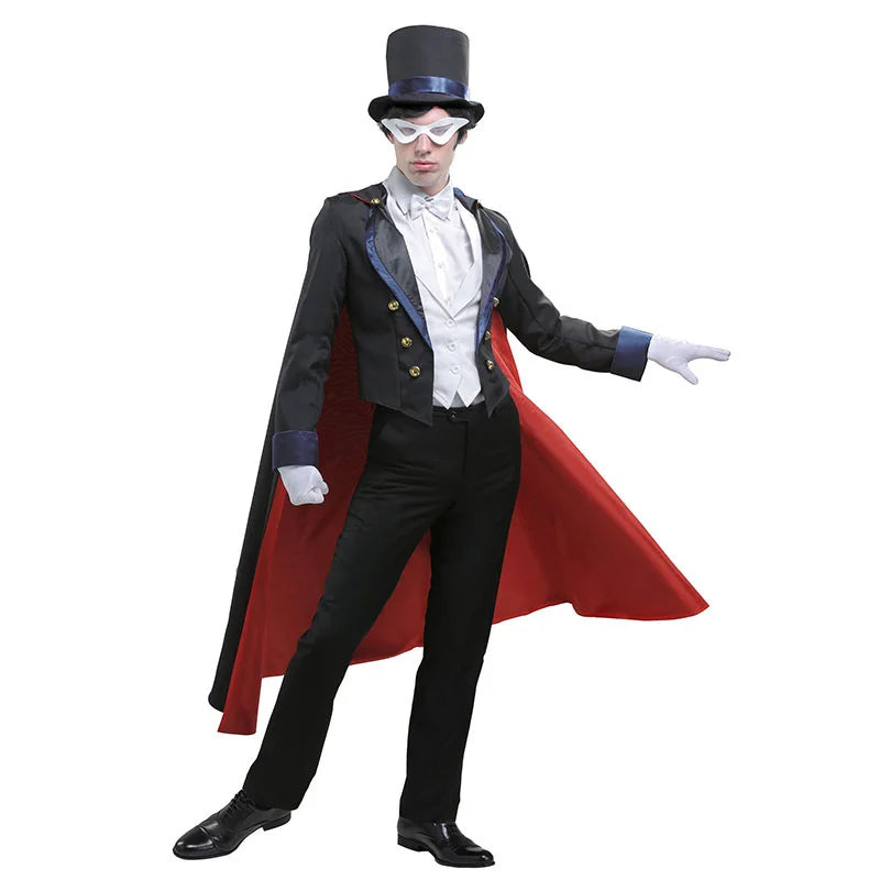 Anime Costume Adult Men Tuxedo Dinner Full Suit Uniform Mask Halloween Costume Magician - cloak / L