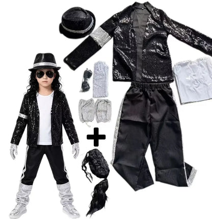 2026  MJ Michael Jackson Thriller Kids Costume  Red   Black Leather Jacket Pants Boys Halloween Stage Cosplay Outfit