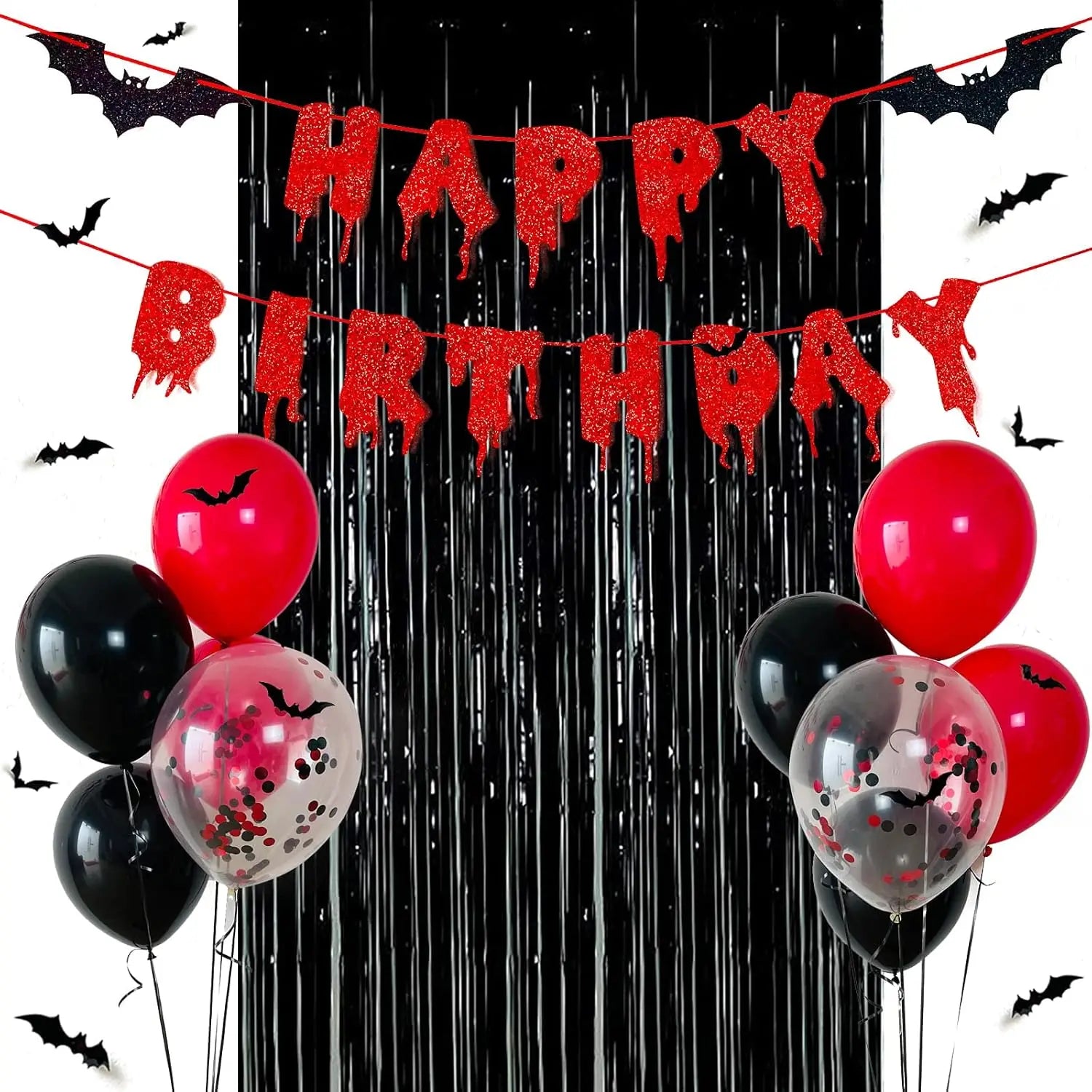 Red Shiny Happy Birthday Halloween Banner, Black Foil Curtain Backdrop, 3D - product image 6