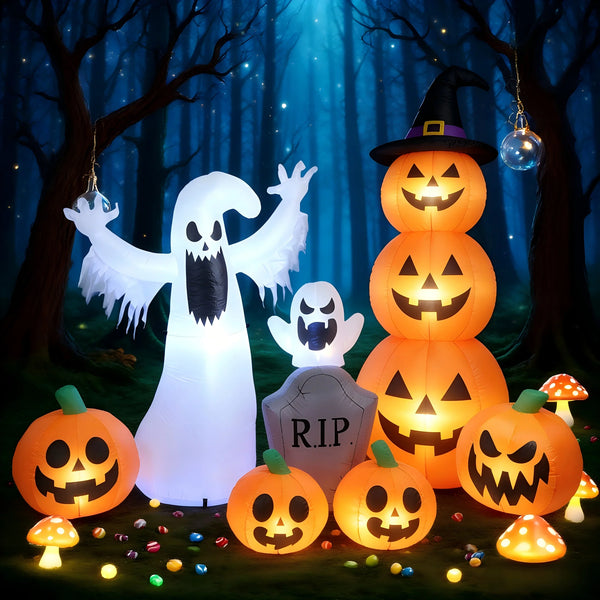Inflatable 3 Pumpkins with 2 White Ghosts Blow Up Halloween Decoration for Inside Outside Yard Garden Party - product image 1