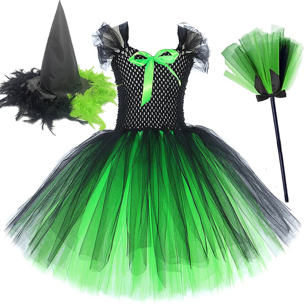 Green Black Witch Elphaba Costumes for Girls Halloween Fancy Dresses with Hat Broom Kids Wicked Disguise - product image 1