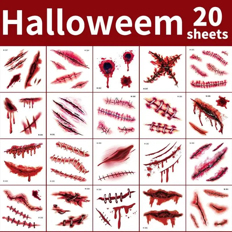 【20Sheets 3D Realistic Scar Tattoos Waterproof Fake Bloody Wound Stickers For Halloween Cosplay Face & Body - product image 7