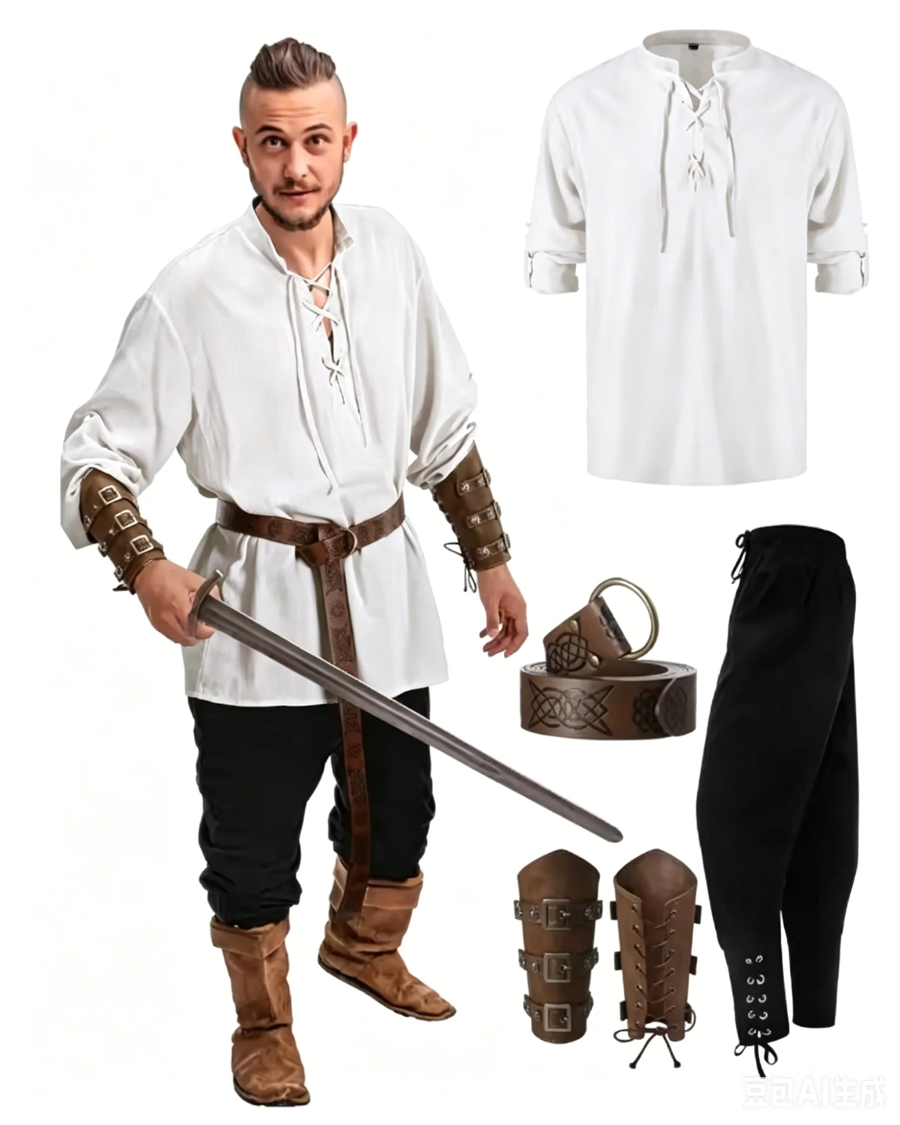 4 Pcs Halloween Men's Renaissance Costume Set Medieval Pirate Shirt Ankle Banded Pants Viking Belt Accessories - product image 12