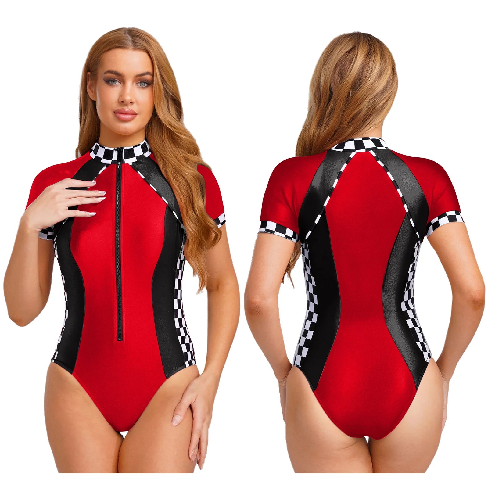 Women's Racer Racing Race Car Driver Short Sleeve Plaid Shiny Bodysuit Costume - alternate view 6