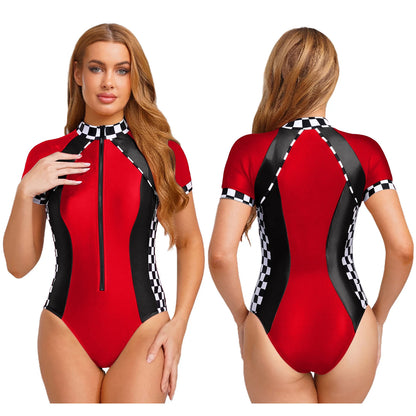 Women's Racer Racing Race Car Driver Short Sleeve Plaid Shiny Bodysuit Costume - alternate view 6