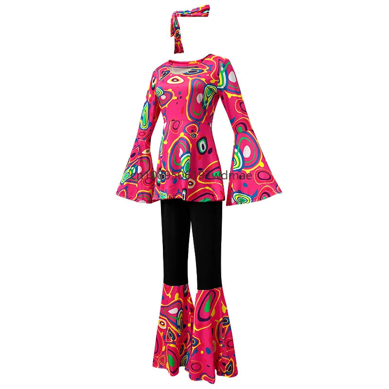 Women's Disco Multi-color Print Costume Hippie Cosplay Performance Clothes with Headband Set Female Dance - product image 16