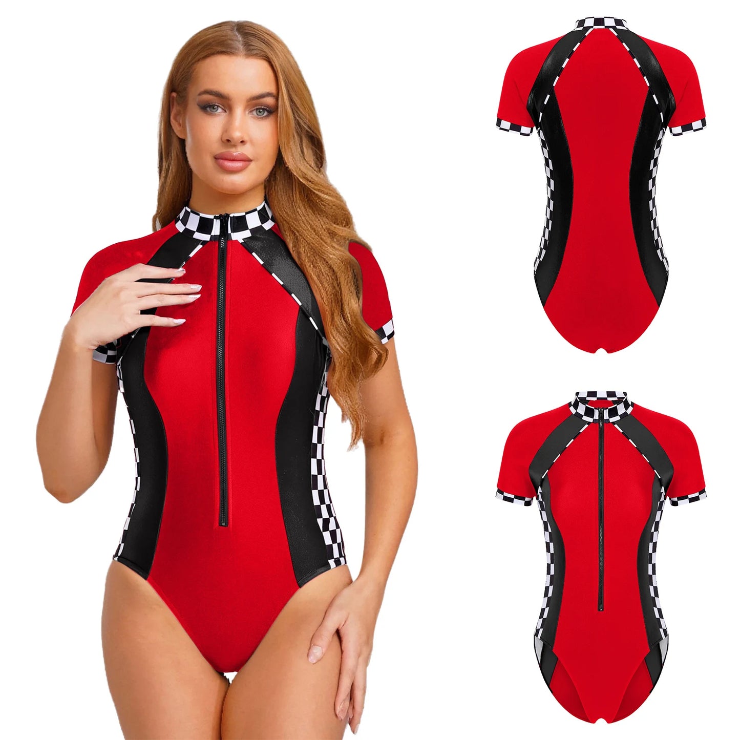 Women's Racer Racing Race Car Driver Short Sleeve Plaid Shiny Bodysuit Costume