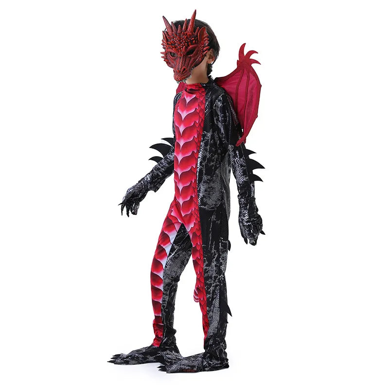 Kids Dragon Costume Boys Halloween Cosplay Dinosaur Jumpsuit Mask 2pcs Set Outfit Blue Red - product image 3