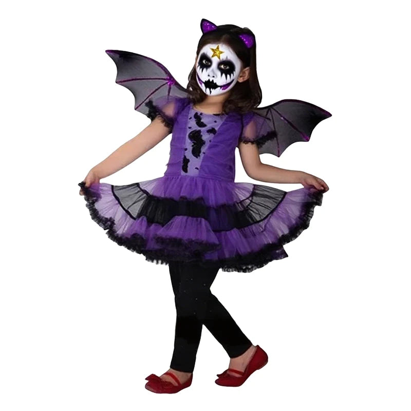 2-12T Halloween Costume for Kids Girls Purple Bat Dress Carnival Vampire Costume Witch Cosplay Clothes Gifts - product image 4