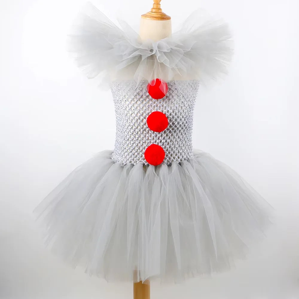 Weird Joker Grey Tutu Dress+Gloves+Hairpin+Bracelet Girls Costume Weirdo Creature Clown - Clown 01 / 2-3T(S)