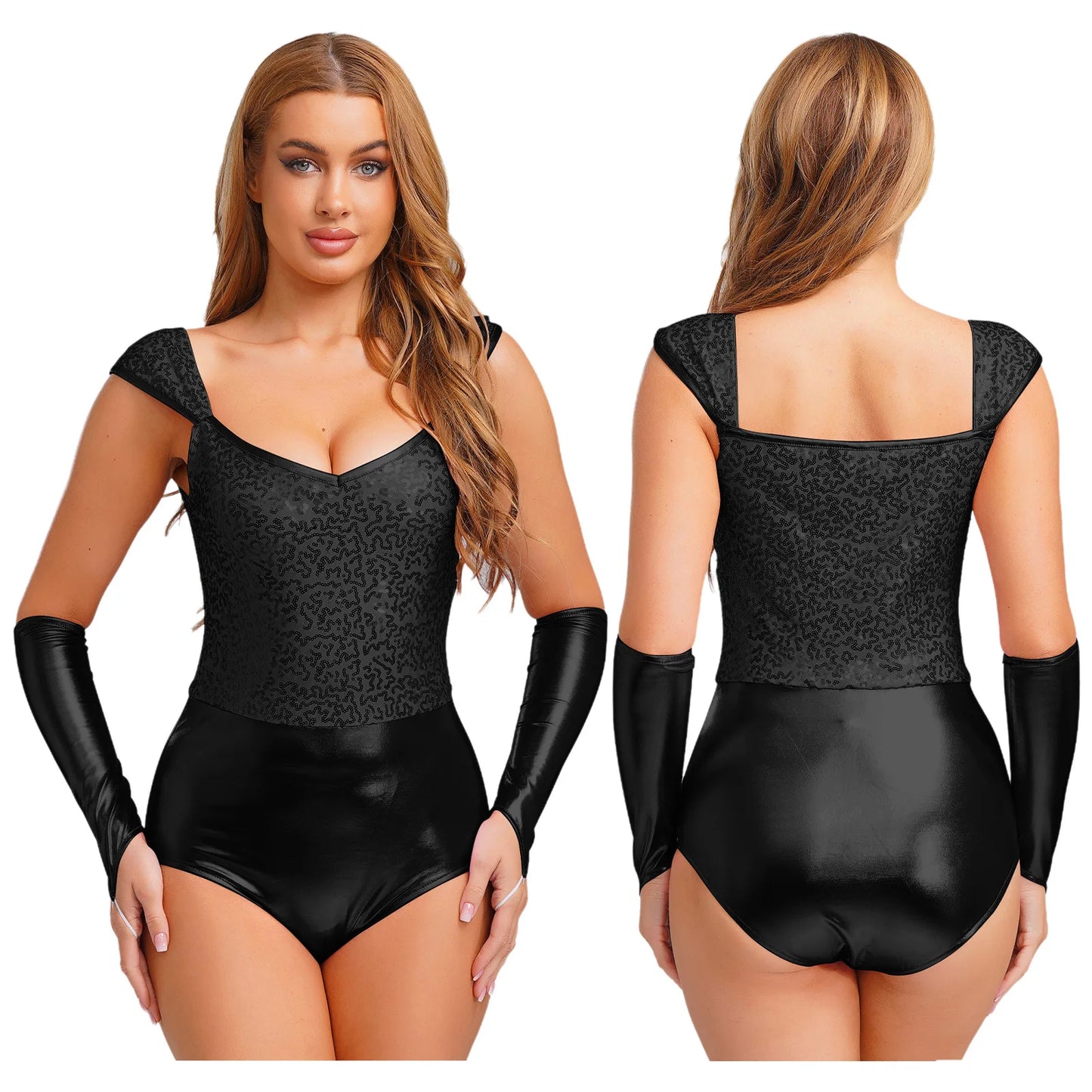 Adult Tin Glittery Sequin Metallic Shiny Bodysuit Removable Sleeves Dance Costume - alternate view 8