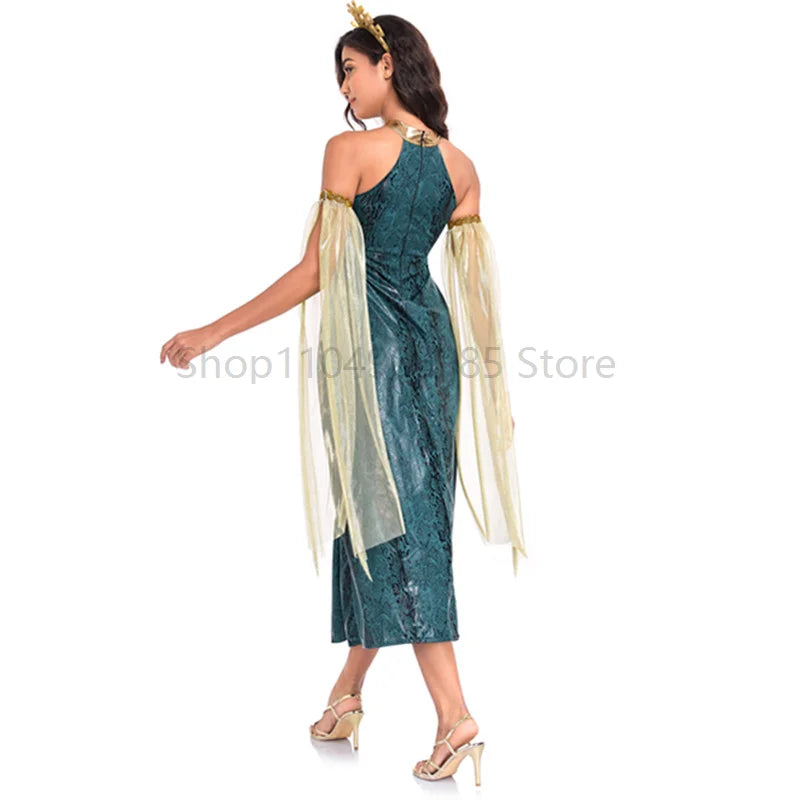 Halloween Greek Myth Goddess Costume Dress Mediaeval Ancient Egypt Roman Witch Egyptian - green / M