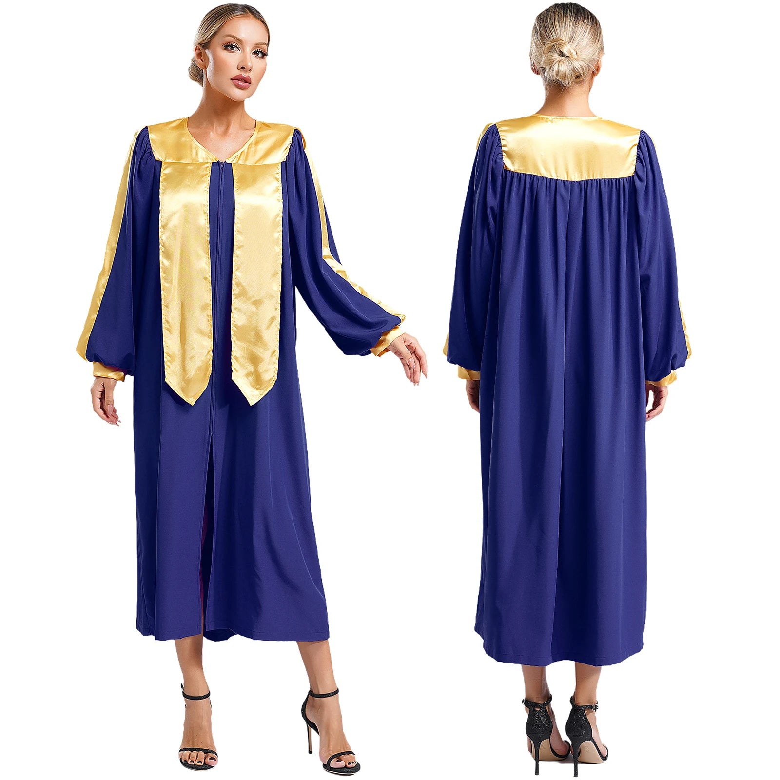 Choir Robe Theme V-neck Sleeve V-neck Color Block Zipper Split Front Gown Unisex - White / M