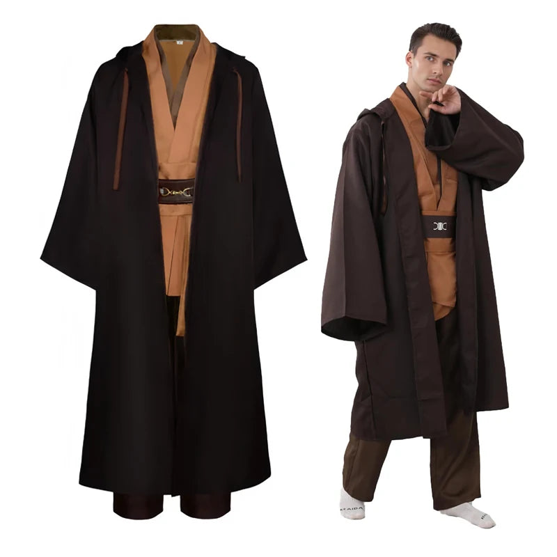 Men's Halloween Jedi Knight Costume Robe Adult Male Tunic Costume Hooded Uniform Full Set - Costume Set / XL