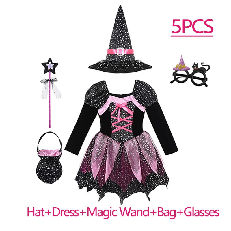 Kids Halloween Witch Costume for Girls Evil Lovely Witch Vestidos Set Dress Hat Magic Wand - Dress 1 / 7-8T(TAG 140)