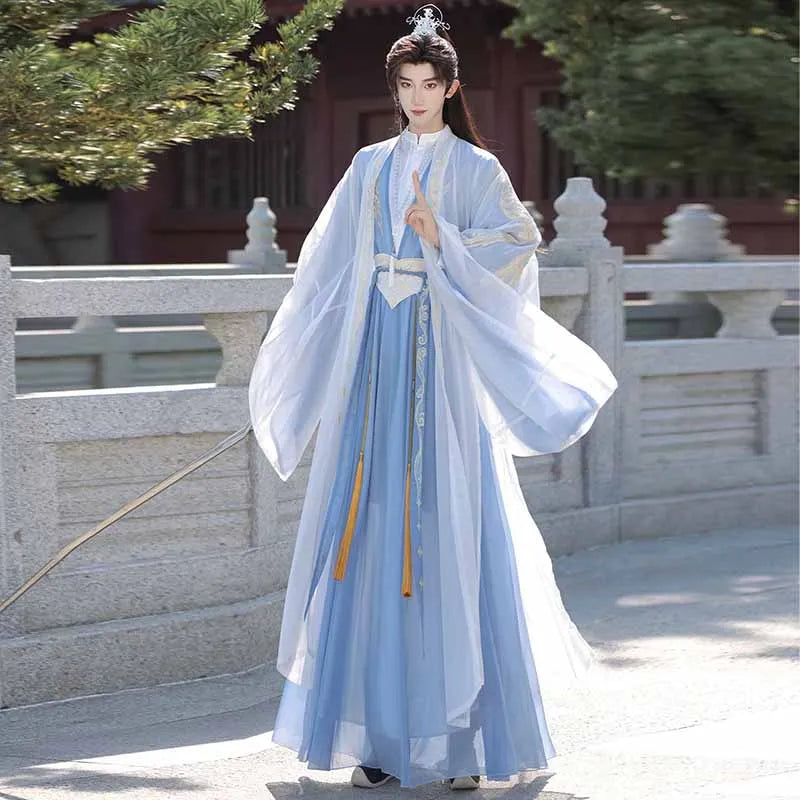 Chinese Hanfu Men Halloween Costume Outfit Ancient Embroidered Black&Blue Hanfu Suits Plus - Blue set / XL