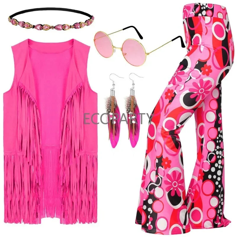 70s Costume for Women Disco Outfits Hippie Accessories Fringe Vest Boho Flared Pants Set New Style Cosplay - product image 1