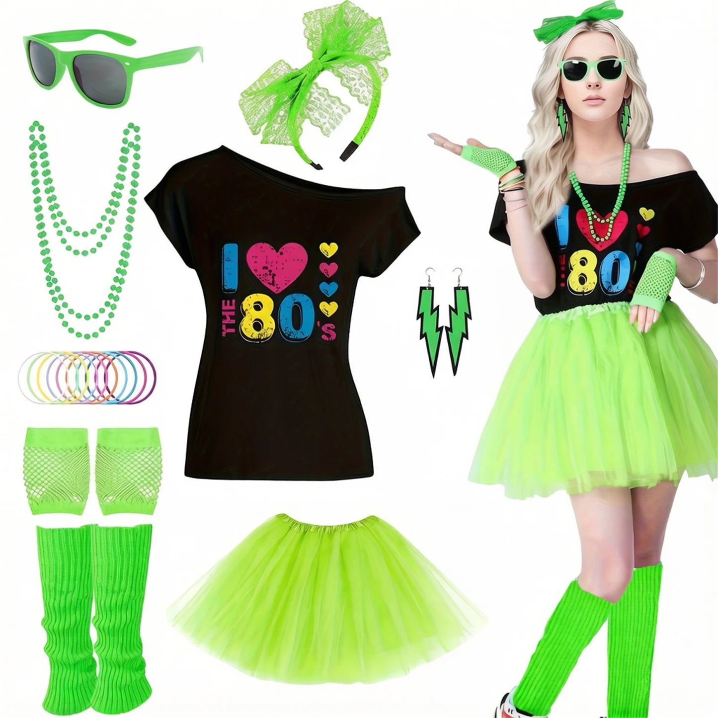 Women's 80s Costume Set Off-Shoulder T-Shirt Tutu Skirt Accessories Neon Outfit for Retro Parties Halloween - product image 1