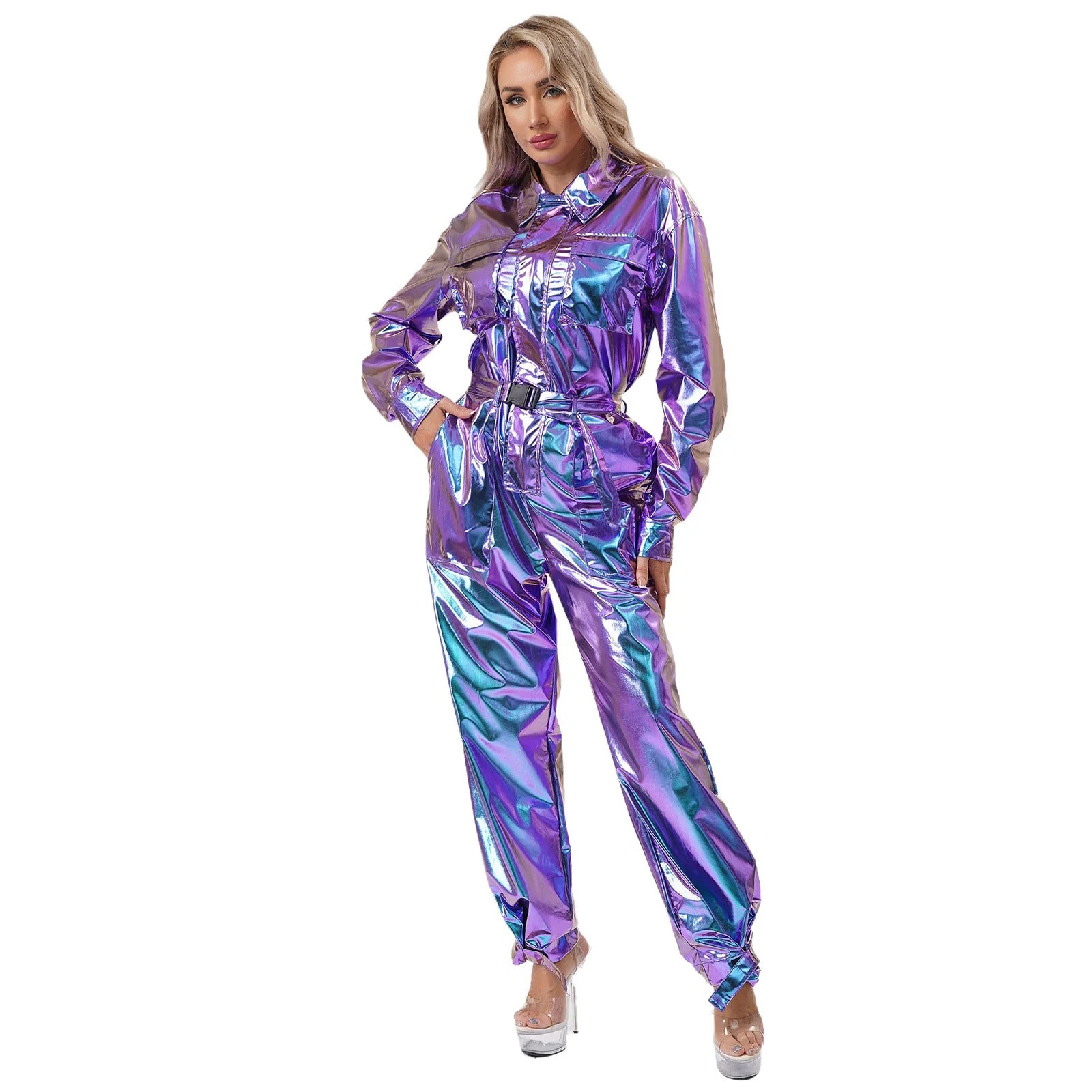 Women's Halloween Disco Astronaut Costume Holographic Shiny Metallic Overalls Bodysuit - Gold / L