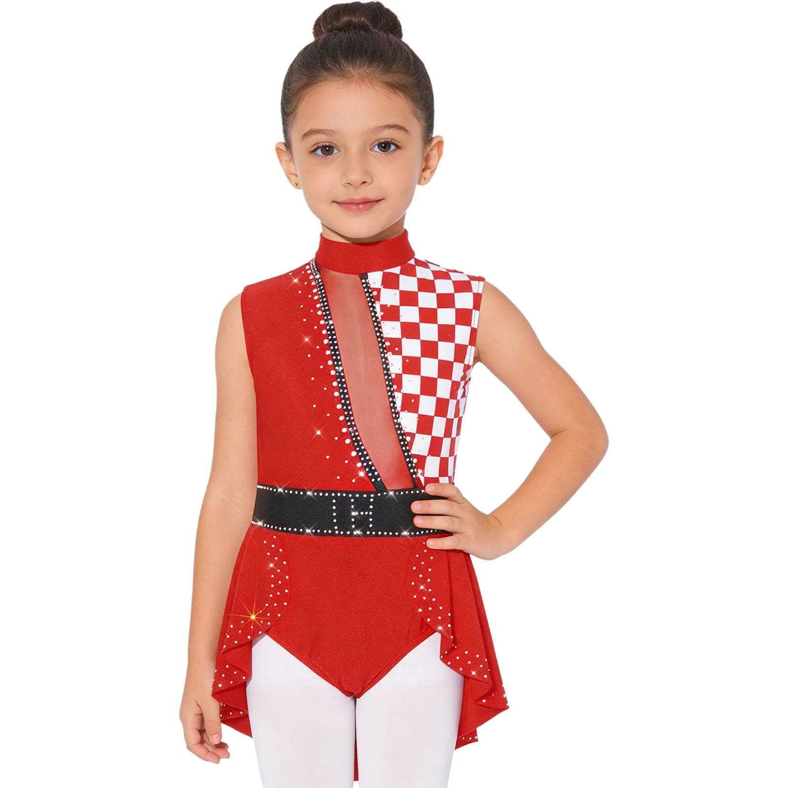 Girls Halloween Circus Clown Performance Costume Rhinestones Ballet Dance Gymnastics - Red / 6