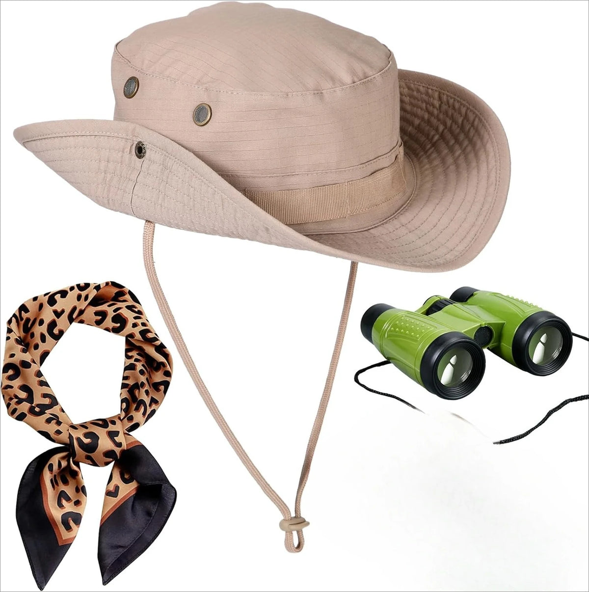 Women's Safari Costume Accessories – Hat, Leopard Scarf & Binoculars
