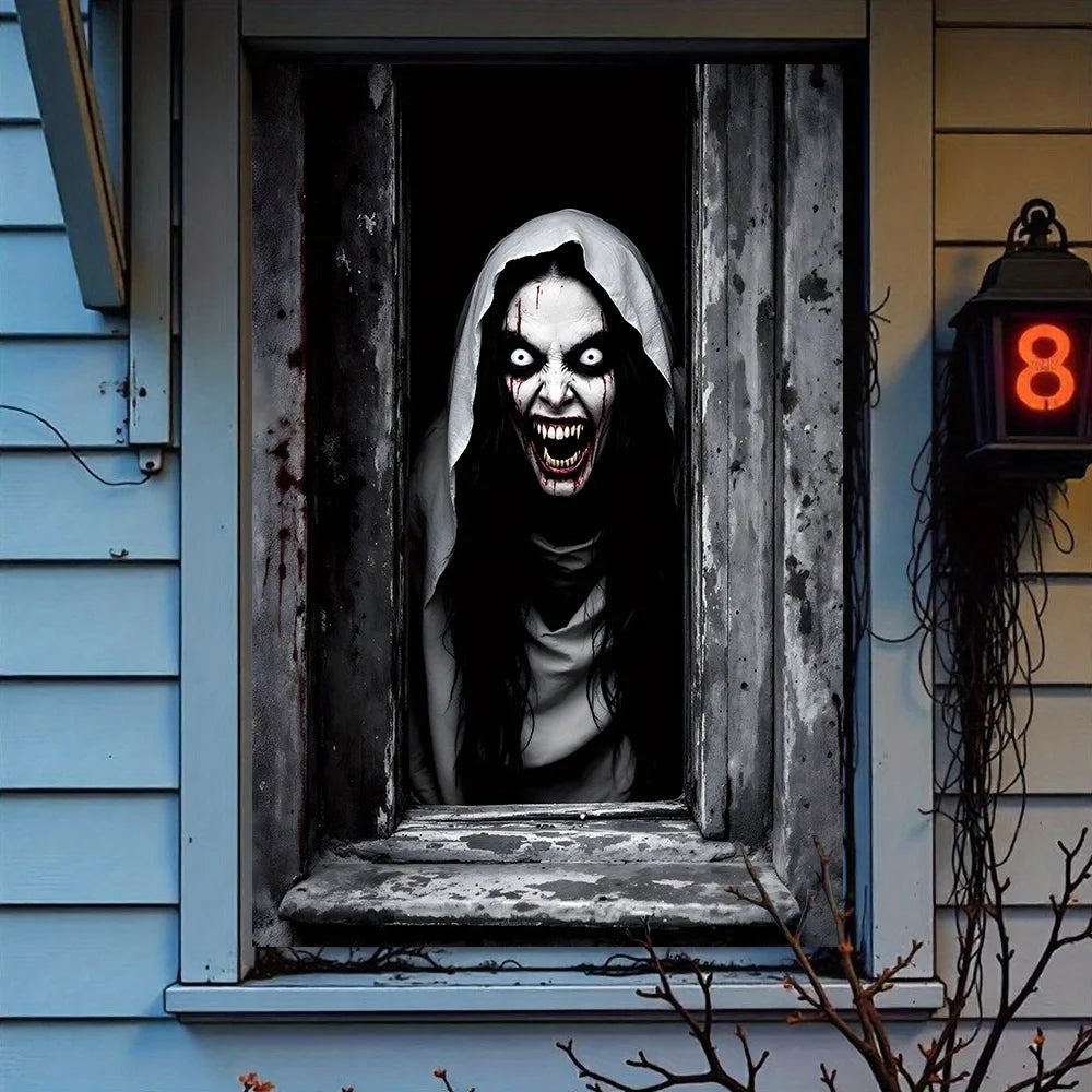 One Halloween curtain - featuring a terrifying design of a ghostly female - product image 3