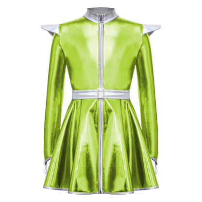 Kids Halloween Alien Costume Girls Metallic Shiny Zipper A-line Tutu Dress for Outer Space Robot Astronaut - product image 7