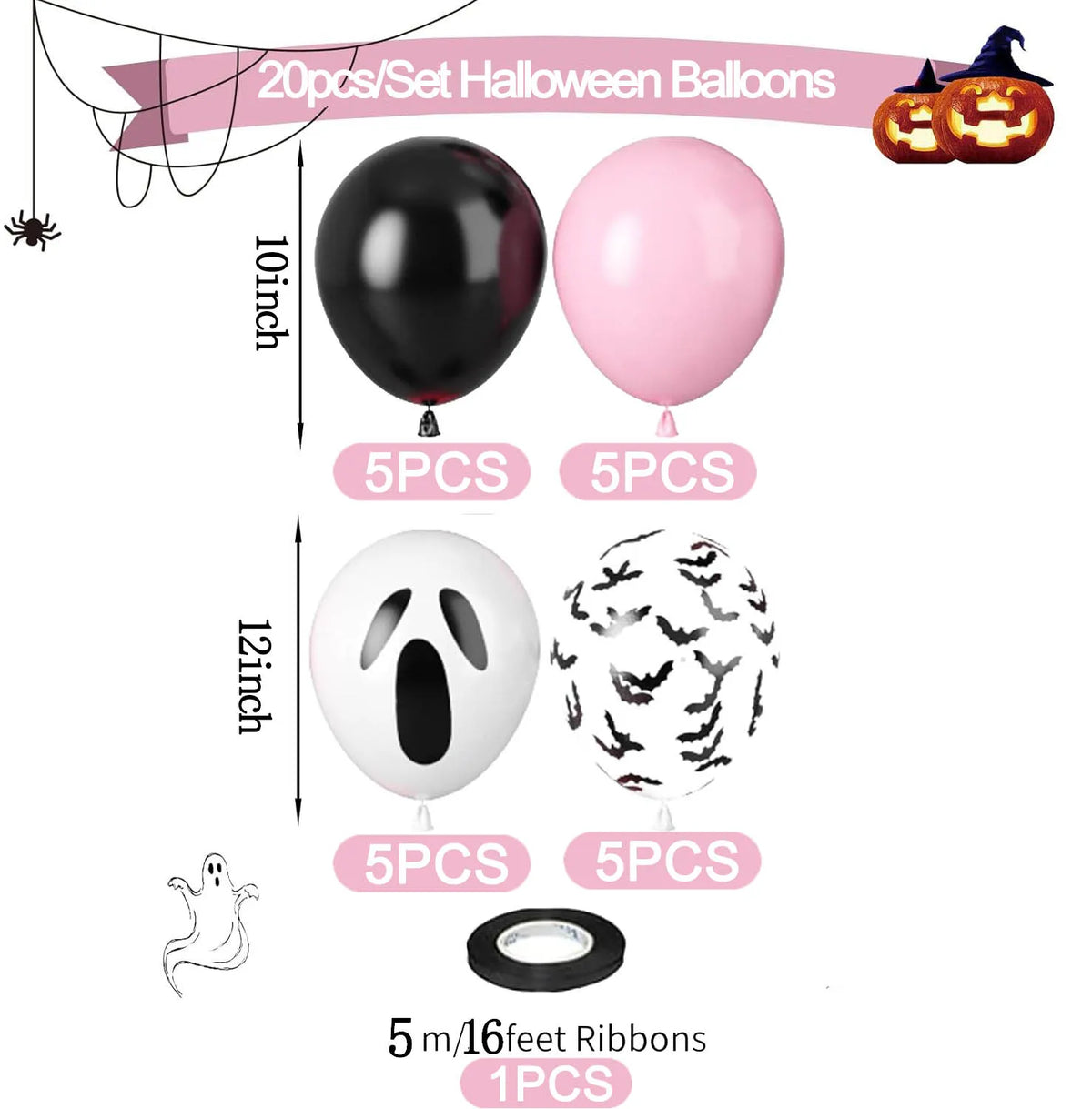 20-Pc Pink Halloween Balloons Ghost Balloon Black Latex Balloons Bat - product image 5