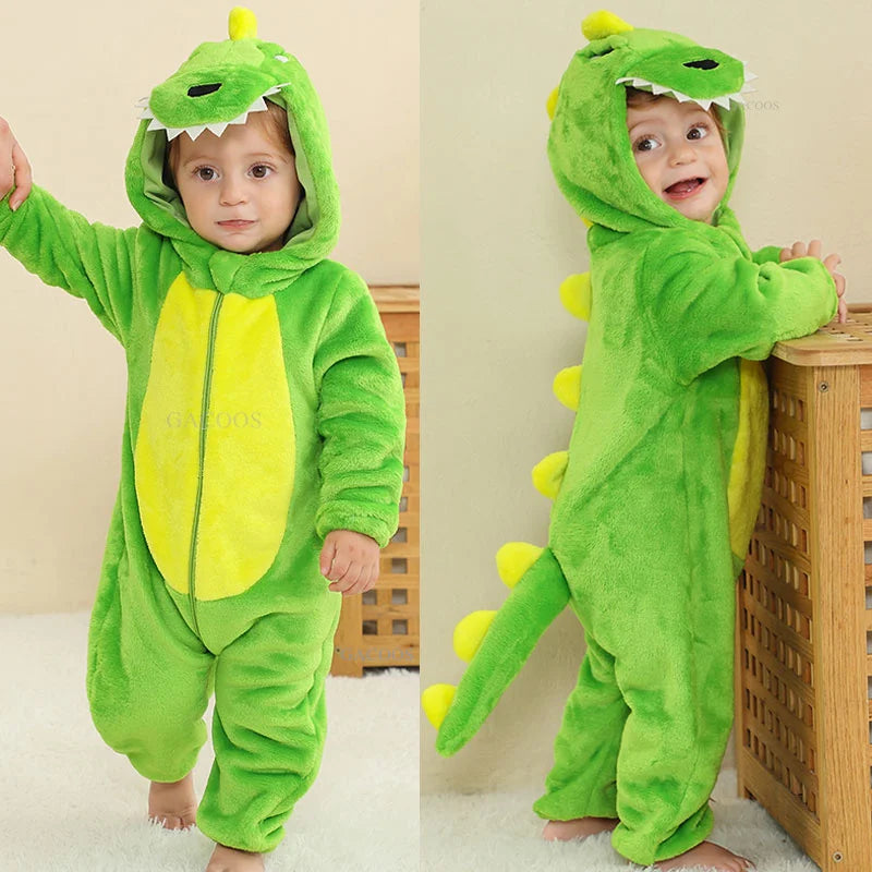 Dinosaur Winter Baby Romper Kigurumi Costume Flannel Hooded Bodysuit Pajamas Animal