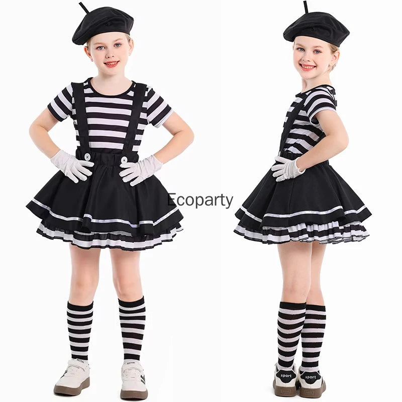 Girls Silent Actor Mime Artist Costume Black White Clown Costume Dress for Kids Kids - Black / S