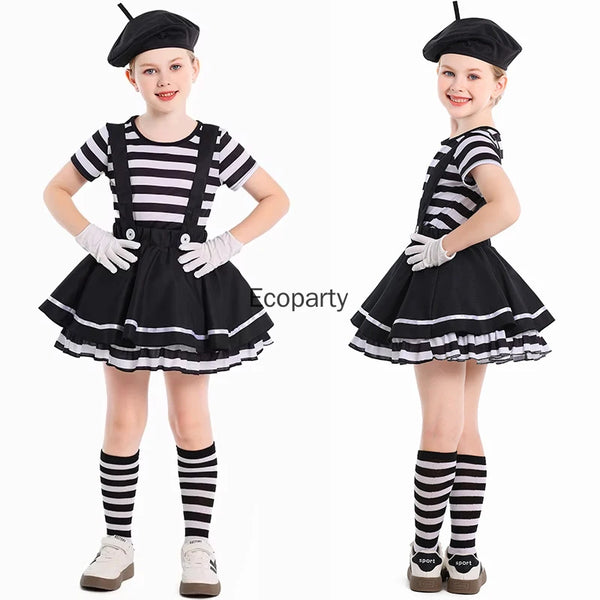Girls Silent Actor Mime Artist Costume Black White Clown Costume Dress for Kids Kids - Black / S