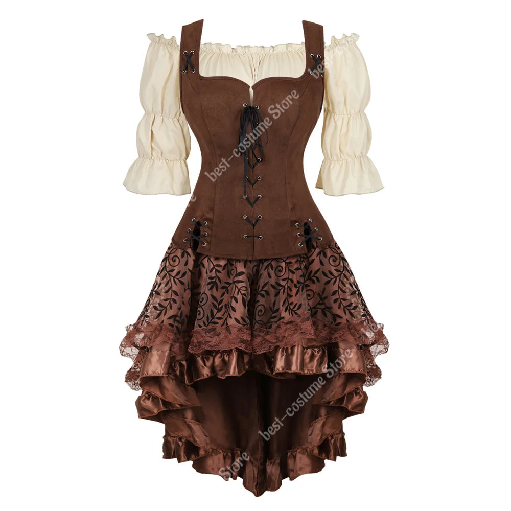 Steampunk Corset Dress Brown Pirate Costume Woman Skirt Plus Size Gothic Underbust