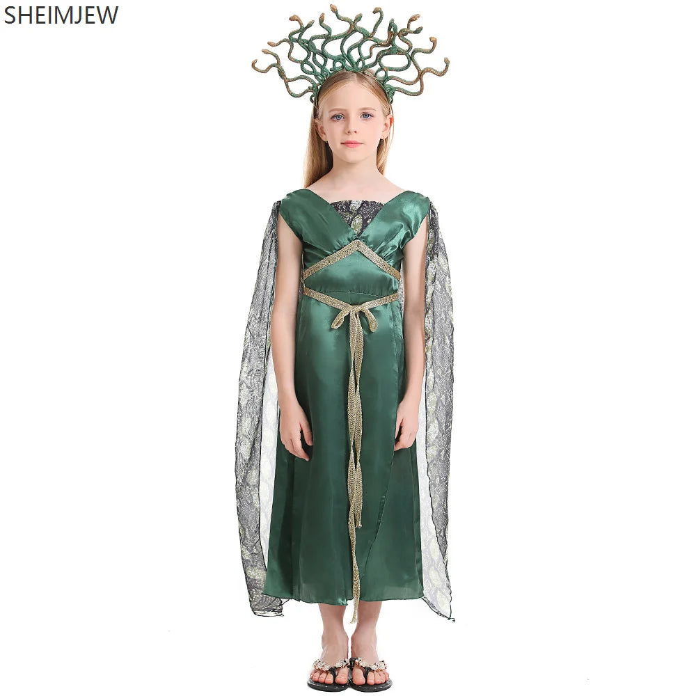 Kids Halloween Costume Girl Ancient Greek Mythology Goddess Robe Female Demon Snake Dress - Dress Green Headwear / M(125-140)