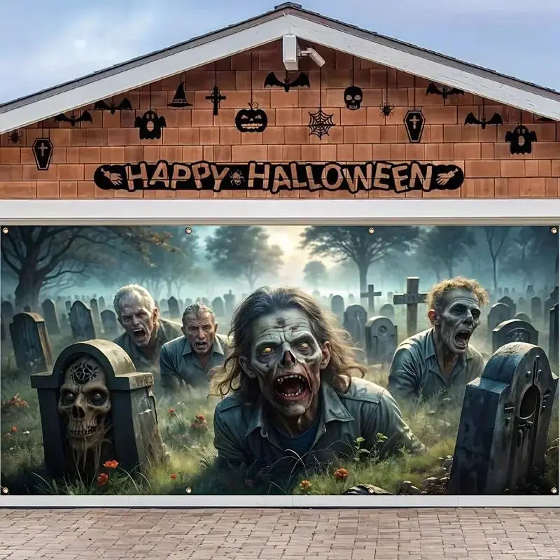 Zombie Garage Door Banner Tombstone Skull Photography Background