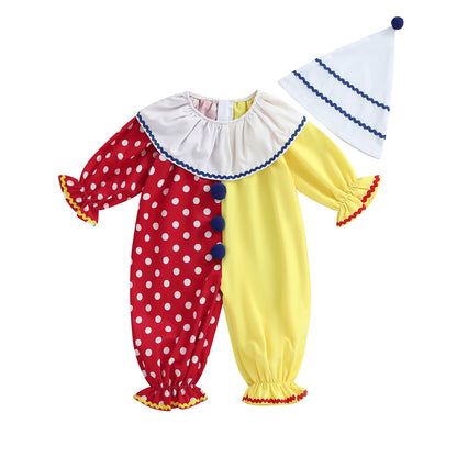 Toddler Baby Clown Halloween Costume Contrast Color Sleeve Jumpsuit and Hat 2 Pcs Set - A / 4-5Y