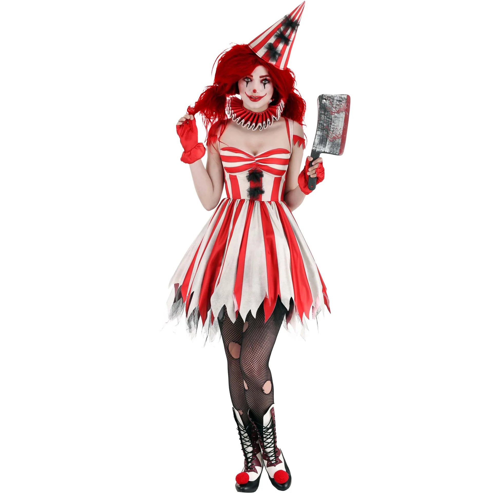 Women's Red & White Circus Clown Costume – Striped Dress & Hat