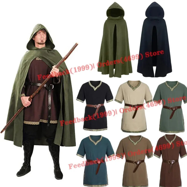 Men Medieval Ancient Hunter Ranger Costume Ancient Hooded Cloak Adult Wizard Celtics - top belt / XL